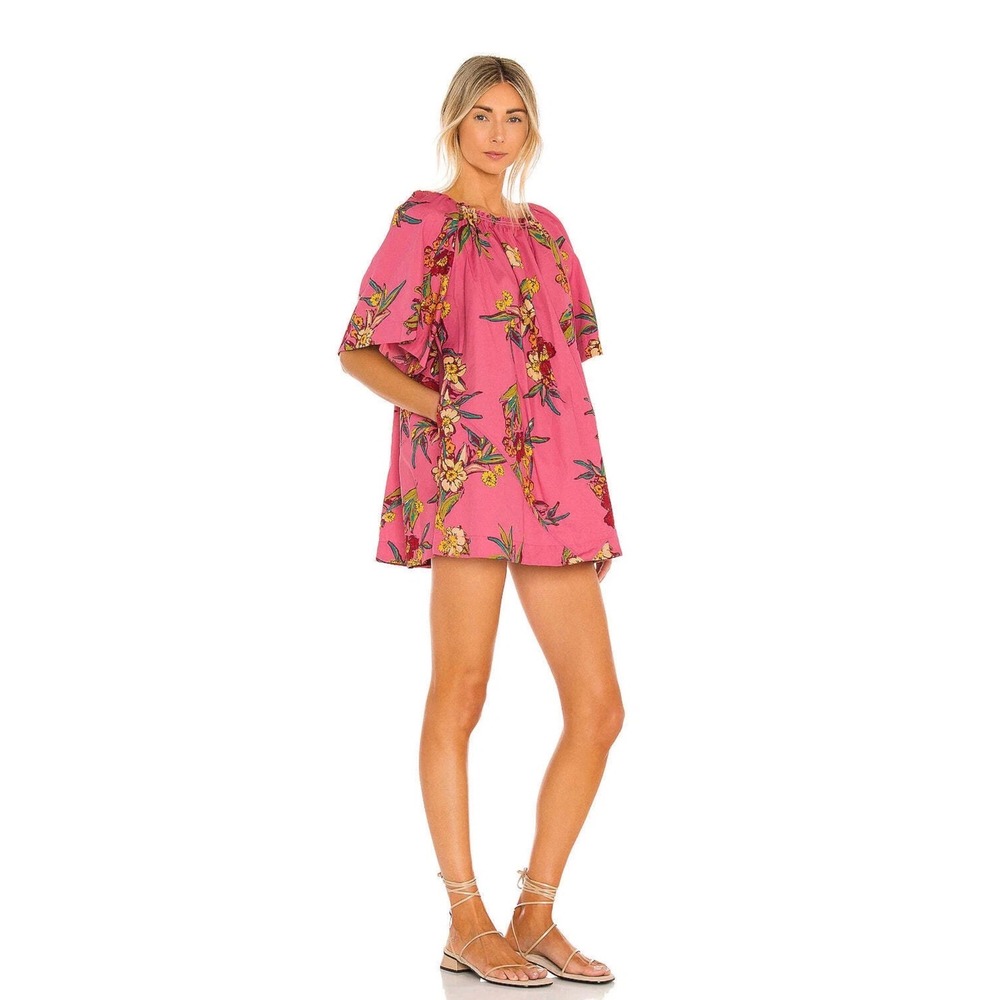 Free People Jodie Mini Dress Pink Floral Babydoll Tunic Top Short Sleeve Small